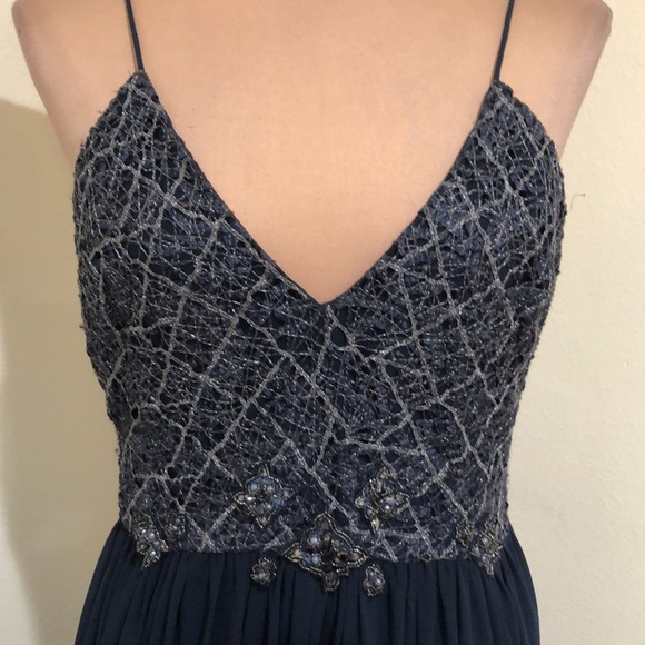 Badgley Mischka Formal Maxi Dress Size 12 Navy Blue Silver Spiderweb Beaded Gown - Picture 3 of 11